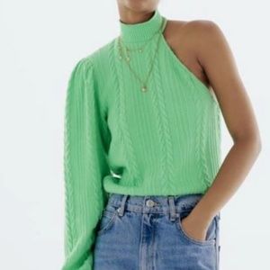 ZARA Green Cable Knit Asymmetrical One Shoulder Sweater